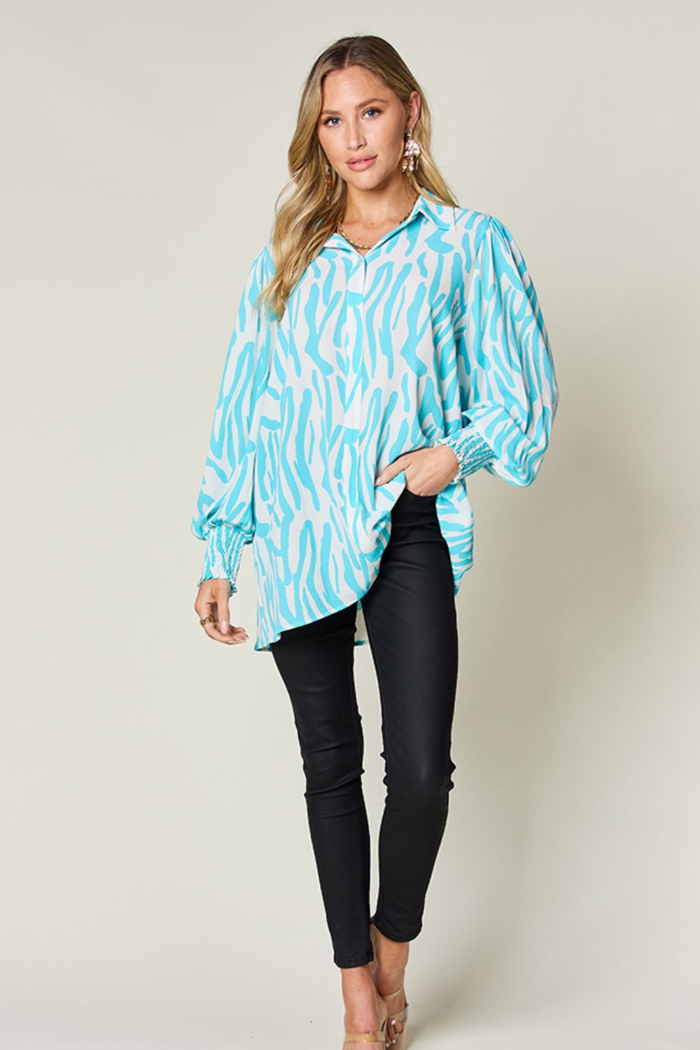 Printed Smocked Hem Long Sleeve Button Up Blouse