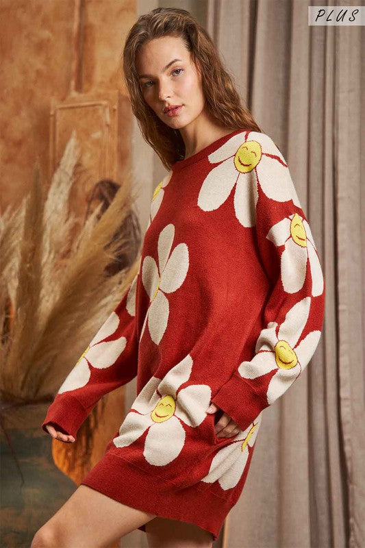 Smiley Face Glower Print Women Sweater