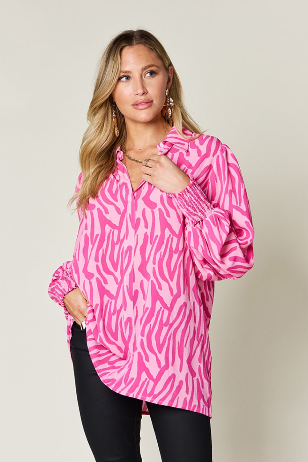 Printed Smocked Hem Long Sleeve Button Up Blouse