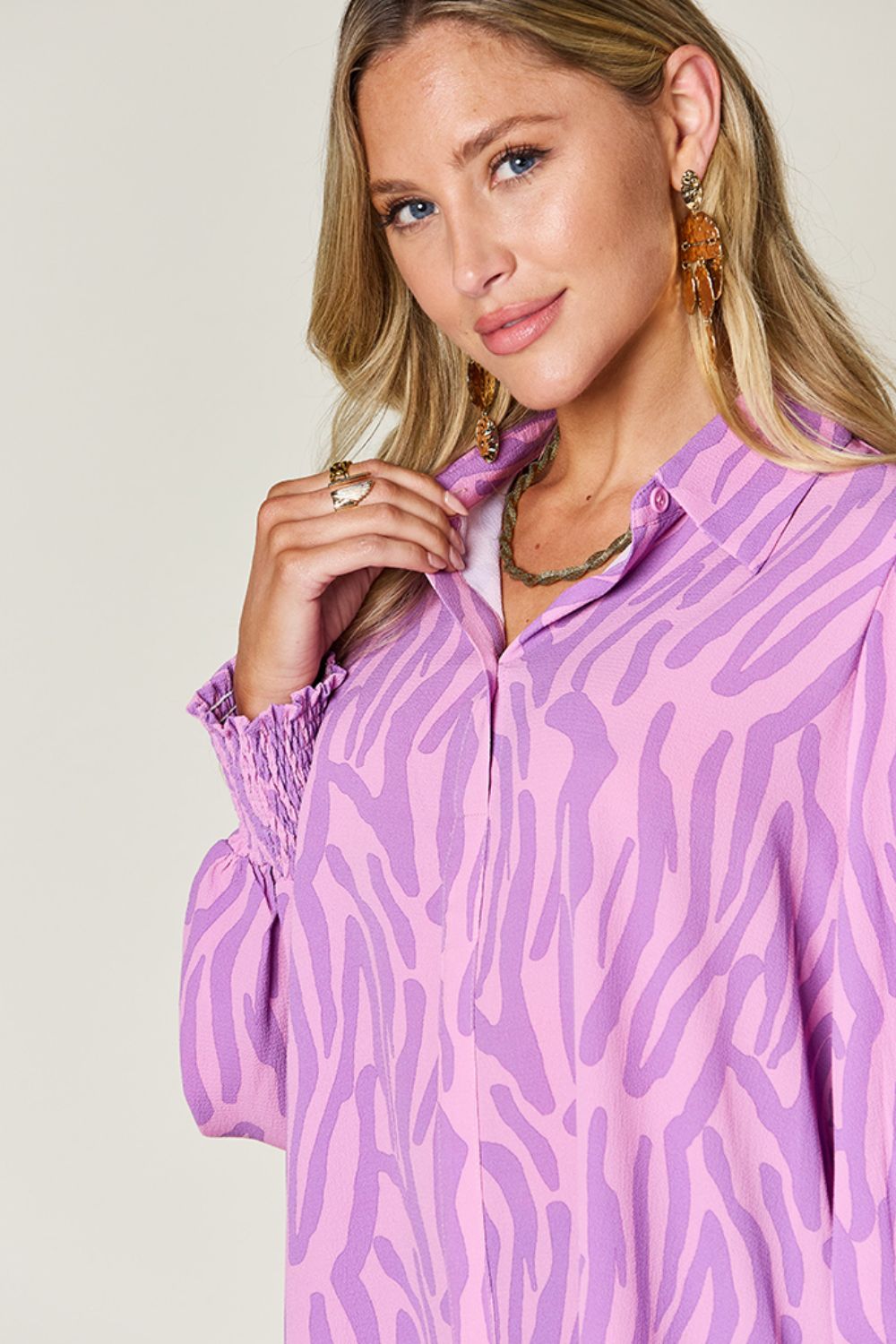 Printed Smocked Hem Long Sleeve Button Up Blouse