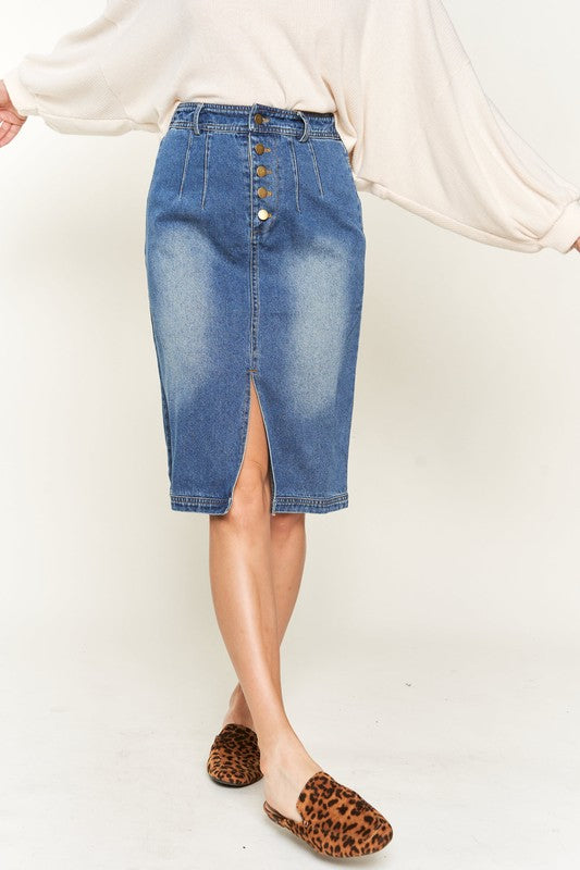 Pleated Denim Knee Length Skirt