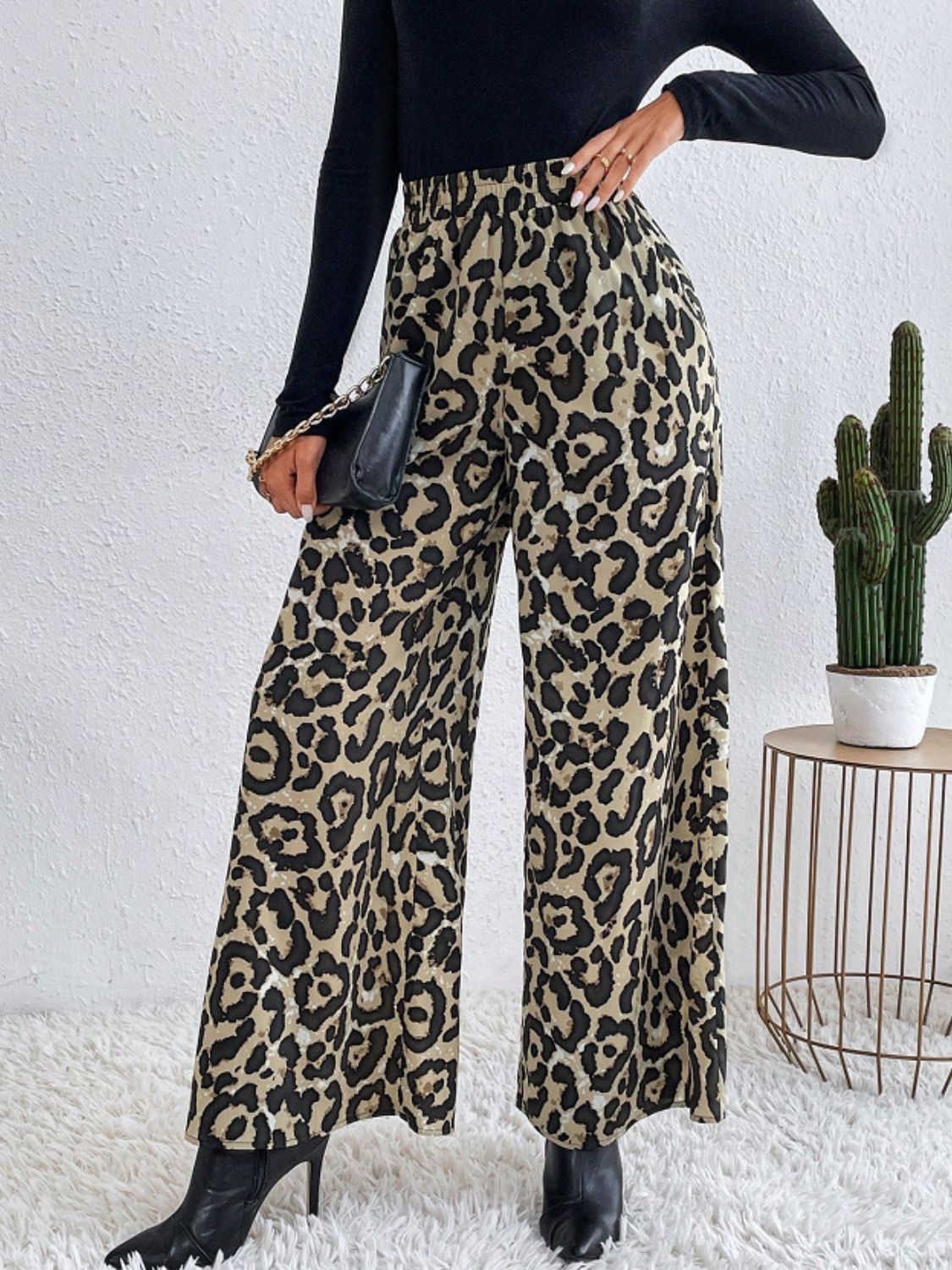 Printed Elastic Waist Wide Leg Pants