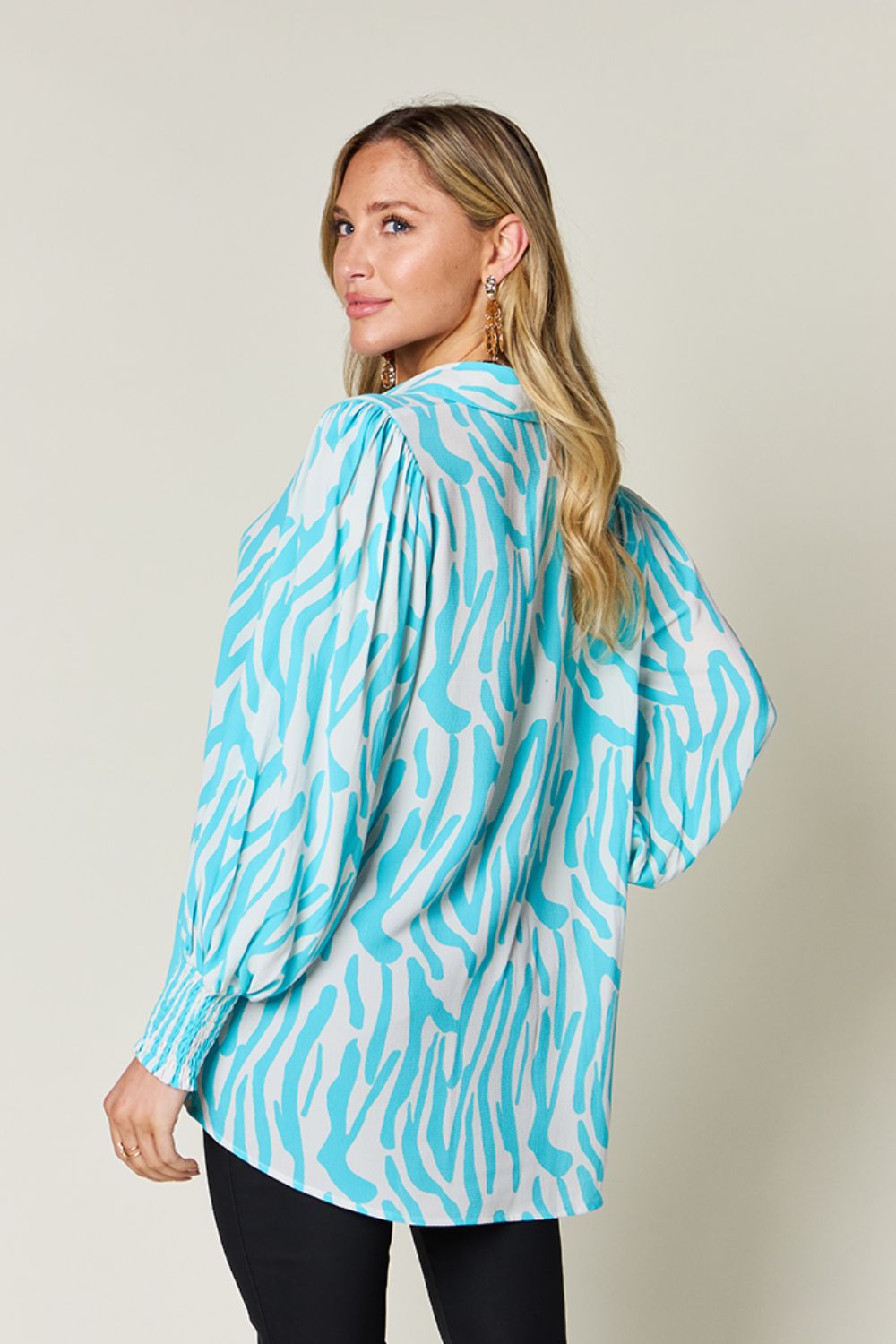 Printed Smocked Hem Long Sleeve Button Up Blouse