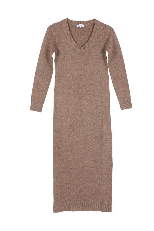 V-Neck Sweater Maxi Dress Side Slits