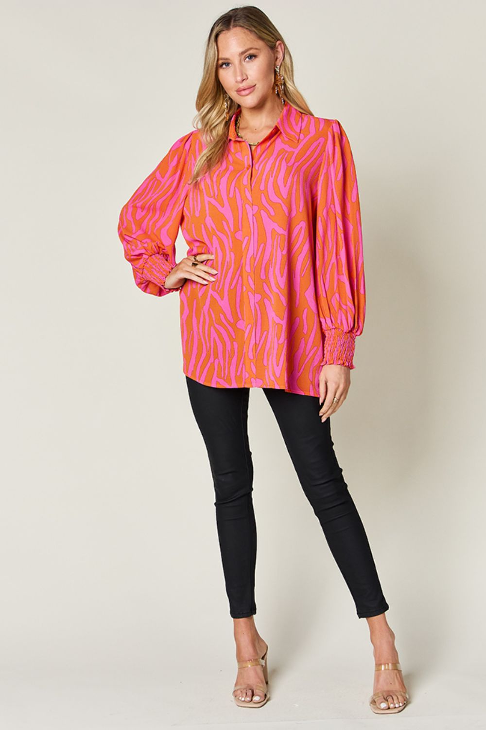 Printed Smocked Hem Long Sleeve Button Up Blouse