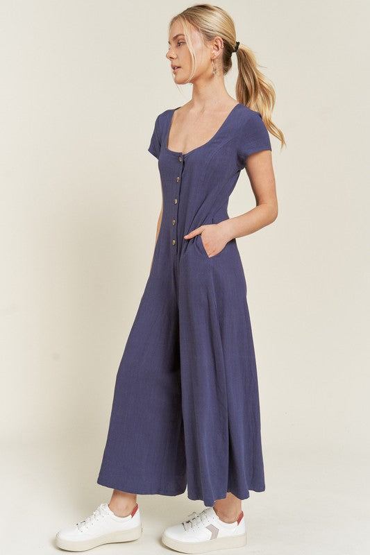 Linen Button Down Wide leg Capri Jumpsuit