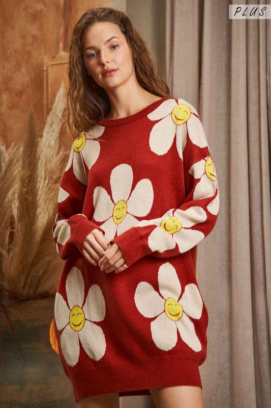 Smiley Face Glower Print Women Sweater