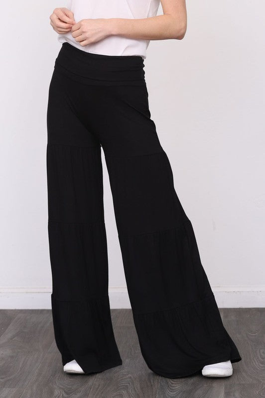 Solid Jersey Fabric Tiered Wide Leg Pants