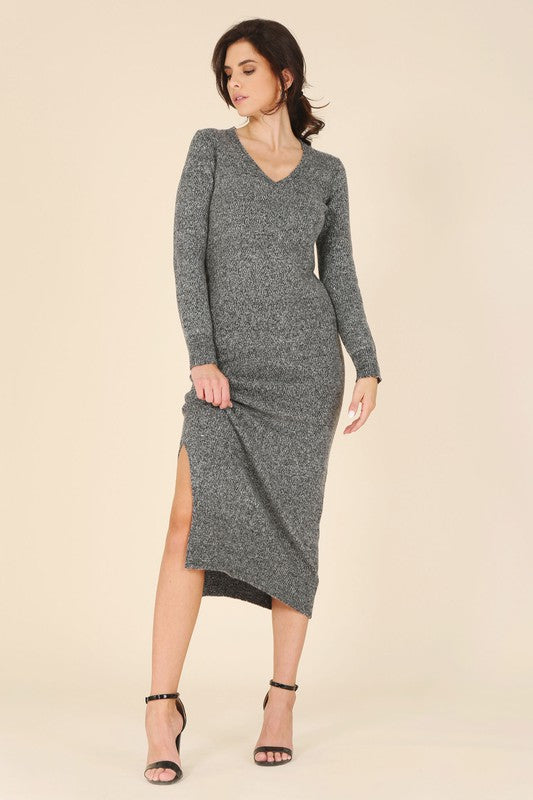 V-Neck Sweater Maxi Dress Side Slits