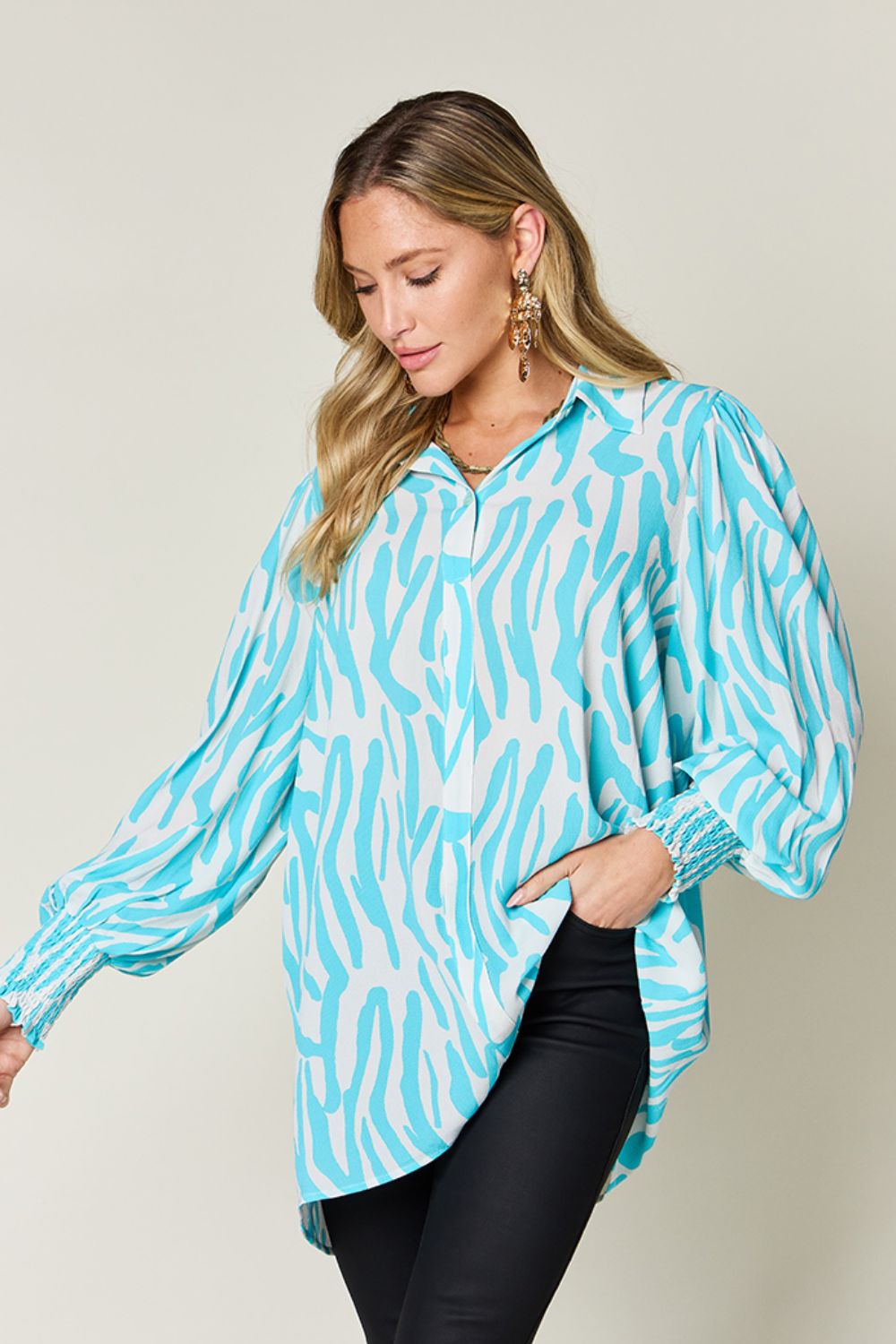 Printed Smocked Hem Long Sleeve Button Up Blouse