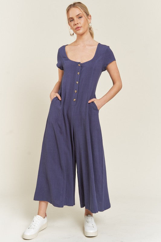 Linen Button Down Wide leg Capri Jumpsuit