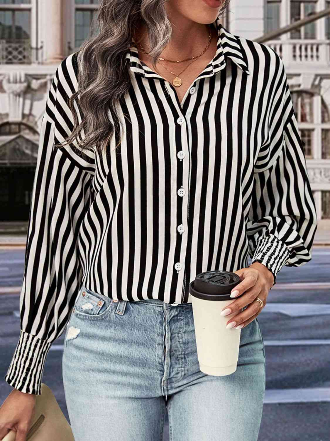 Striped Collar Long Sleeve Buttoned Up Shirt