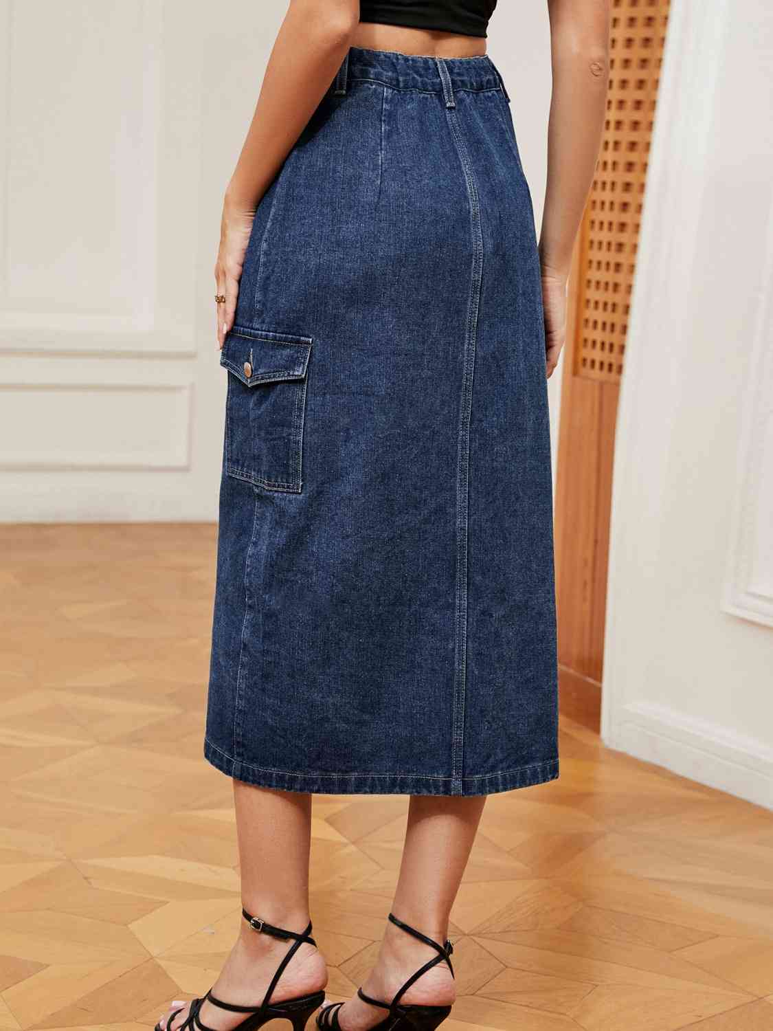 Casual Button Down Denim Midi Skirt