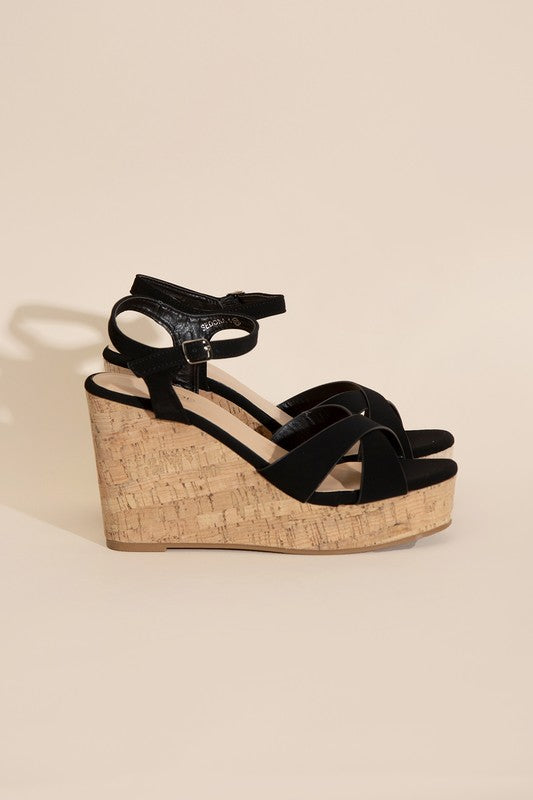 Black Wedge Sandals with Cork Color Heel