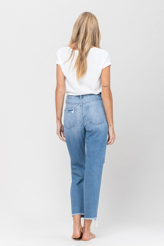 Distressed Raw Hem Mom Jean Capris