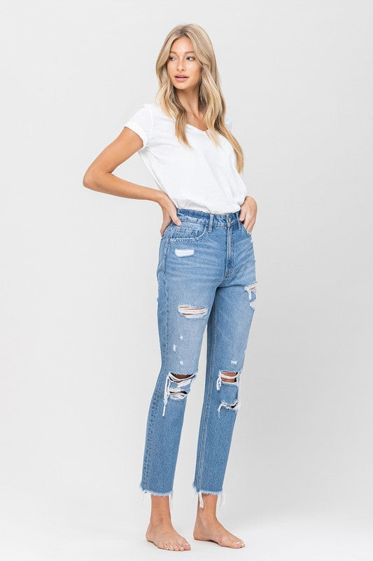 Distressed Raw Hem Mom Jean Capris