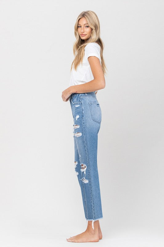 Distressed Raw Hem Mom Jean Capris