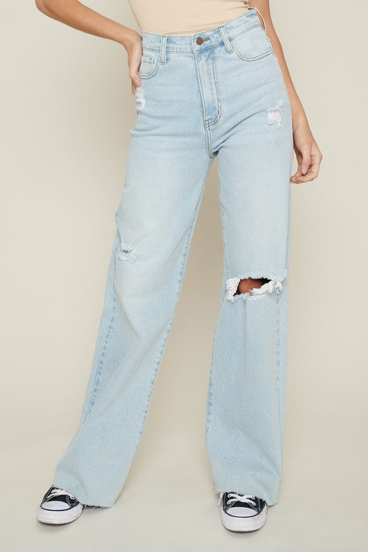 Distressed Wide Leg Mom Jeans