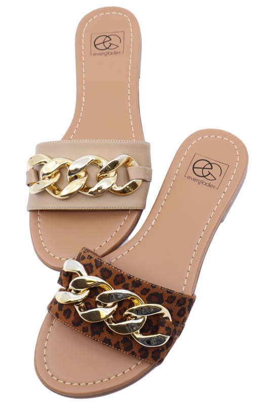 Flat Flip Flop Sandals Gold Chain Link Embellishment