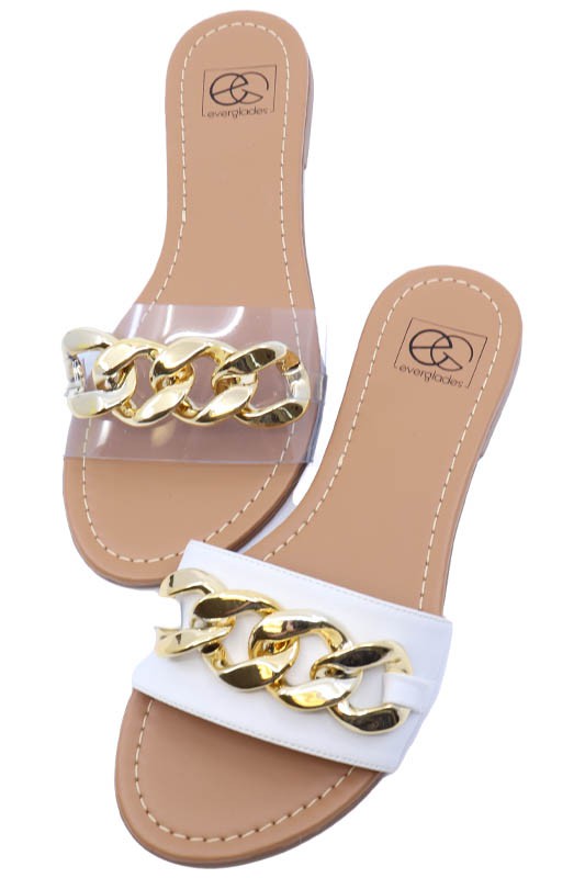 Flat Flip Flop Sandals Gold Chain Link Embellishment