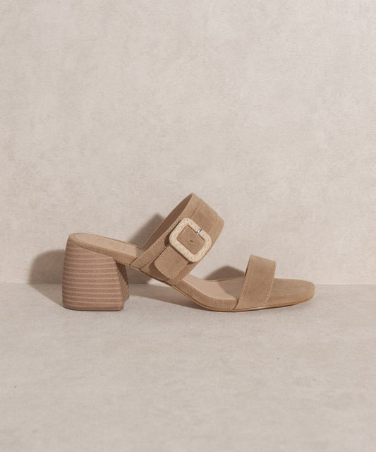 Women Slide Sandal With Side Buckle - Low Block Heels