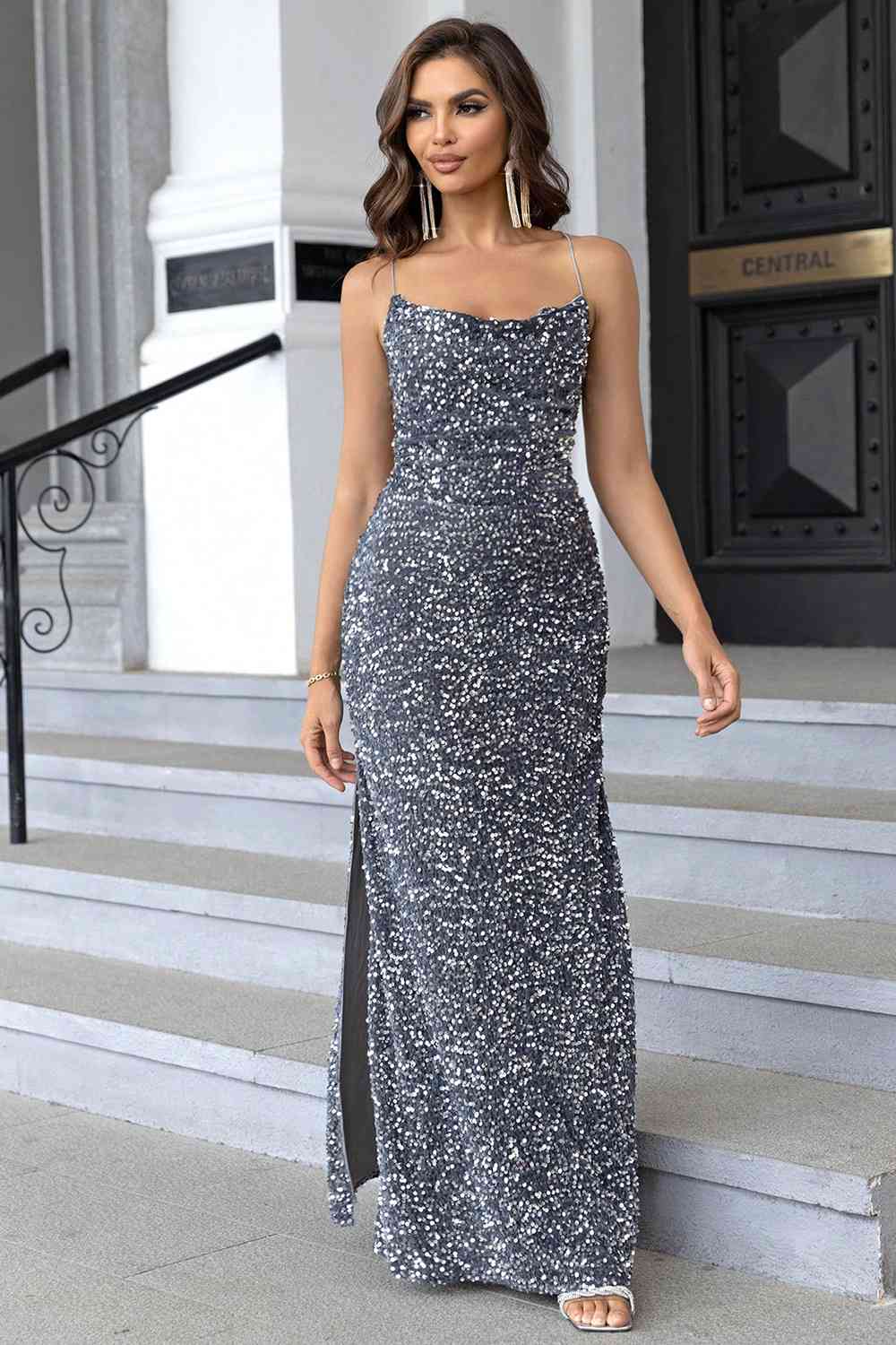 Sequin Backless Split Maxi Gown