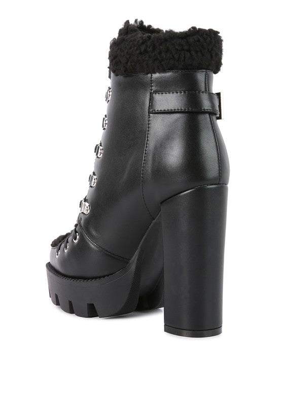 PINES Faux Leather Fur Collared Ankle Boots