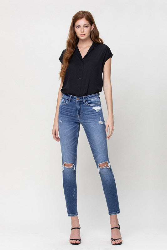 Distressed Dark Denim Mid Rise Skinny Capris