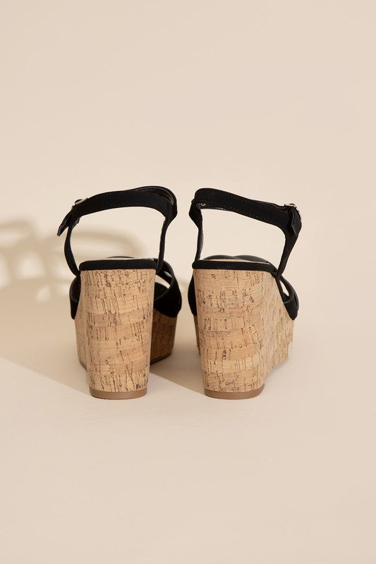 Black Wedge Sandals with Cork Color Heel