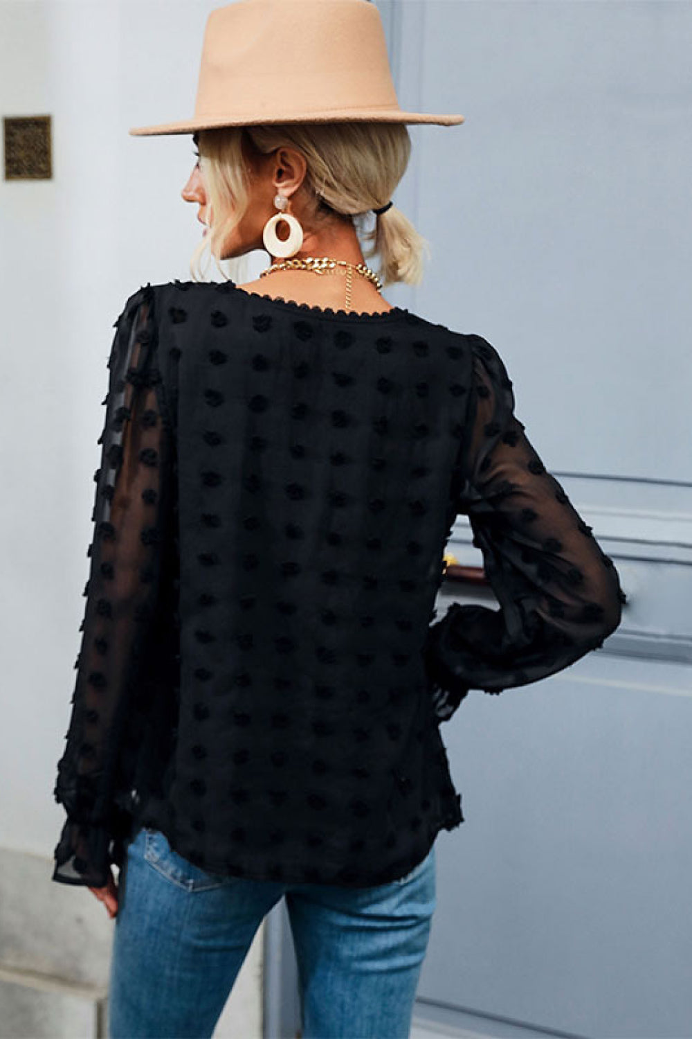 Polka Dot Peplum Black Casual Flounce Sleeve Blouse