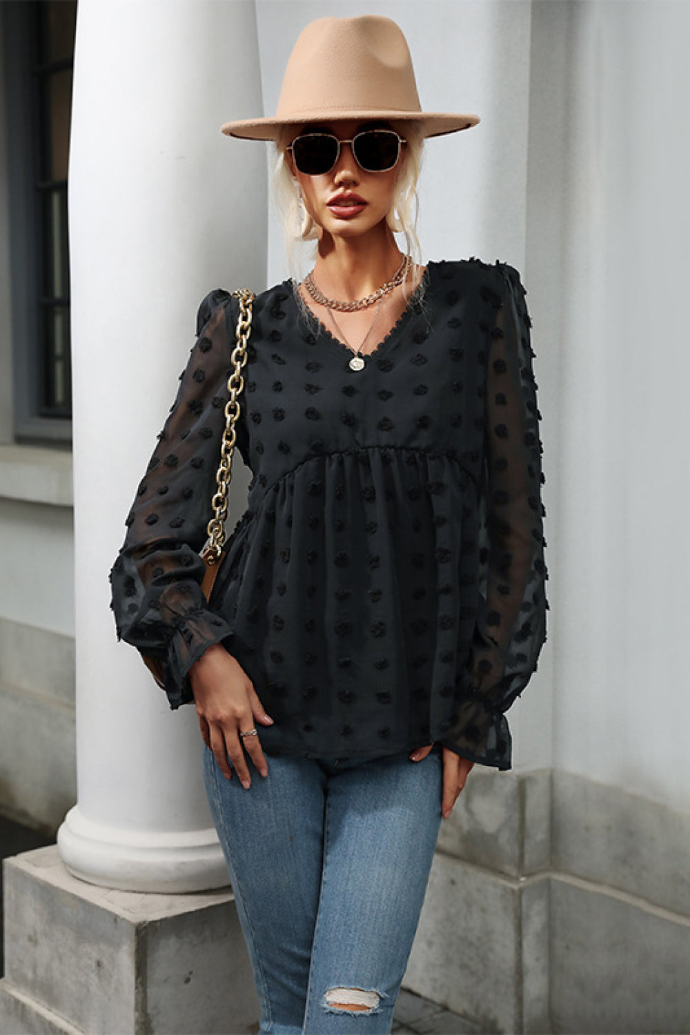 Polka Dot Peplum Black Casual Flounce Sleeve Blouse