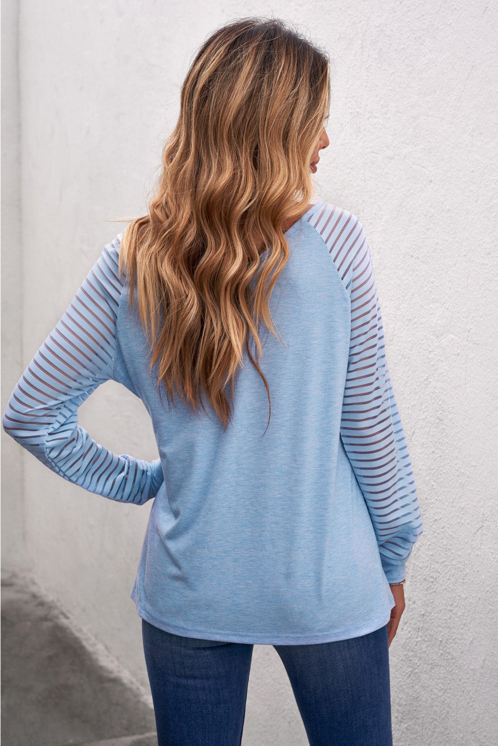 Sheer Striped Sleeve V-Neck Top