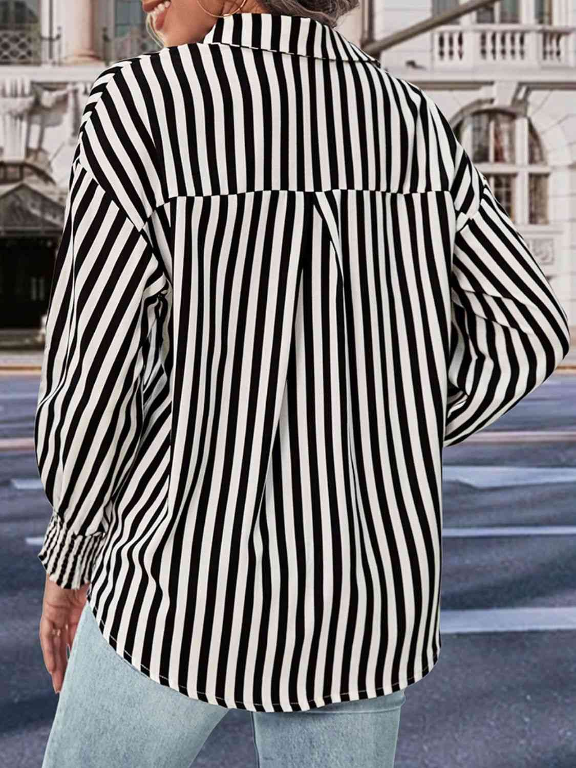 Striped Collar Long Sleeve Buttoned Up Shirt