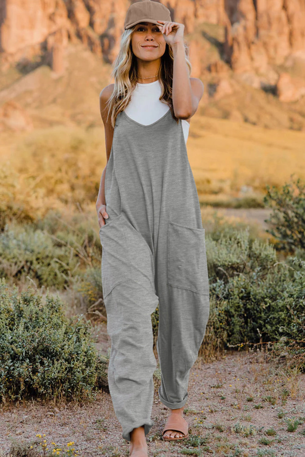 Oversize Onesie Jumpsuit V-Neck Sleeveless with Pocket