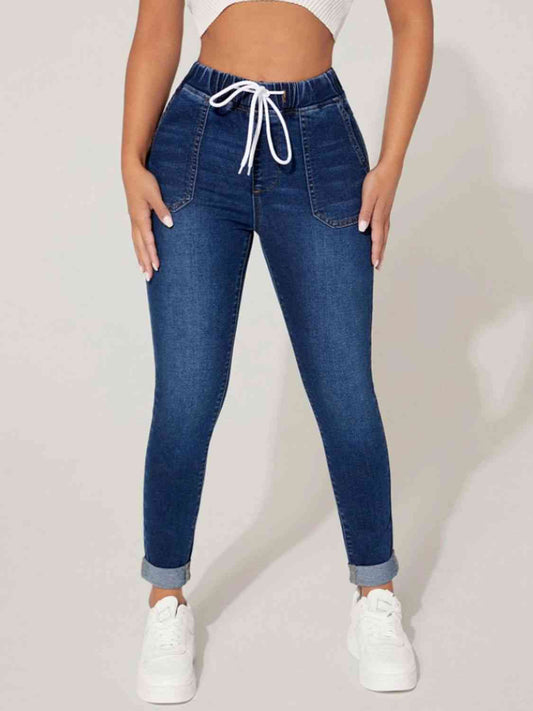 Drawstring Cropped Dark Blue Stretch Jeans