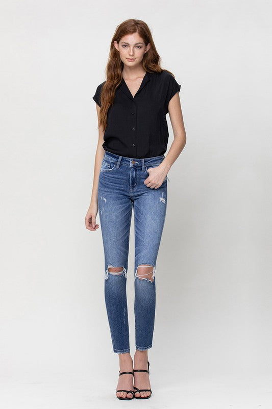 Distressed Dark Denim Mid Rise Skinny Capris