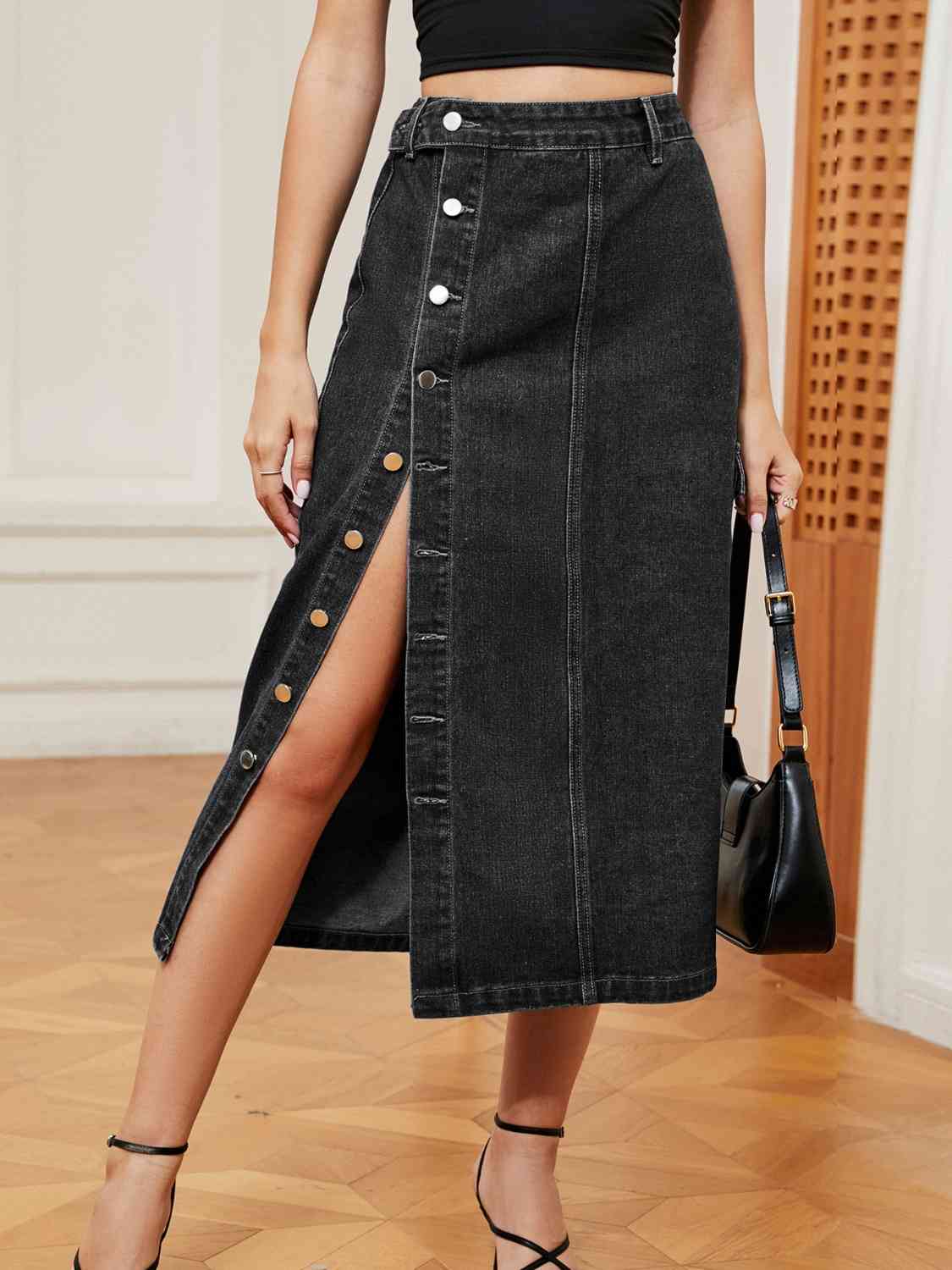 Casual Button Down Denim Midi Skirt