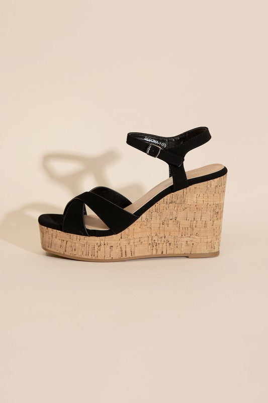 Black Wedge Sandals with Cork Color Heel