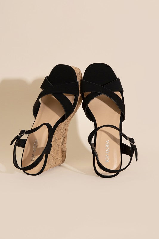 Black Wedge Sandals with Cork Color Heel