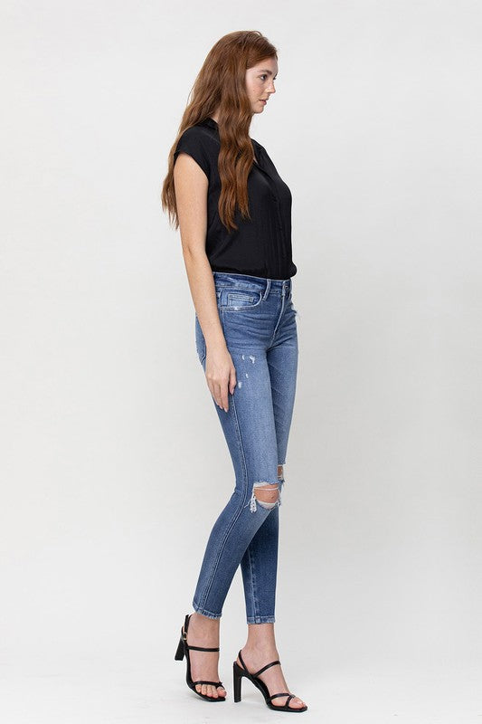 Distressed Dark Denim Mid Rise Skinny Capris