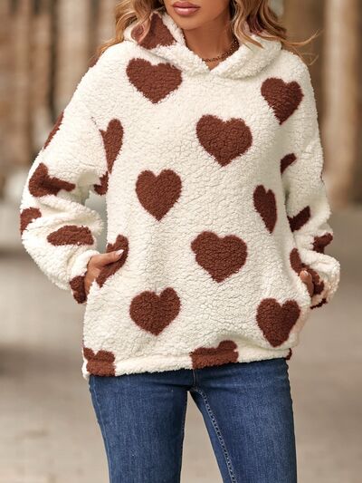 Warm White Fuzzy Heart Print Pocketed Hoodie