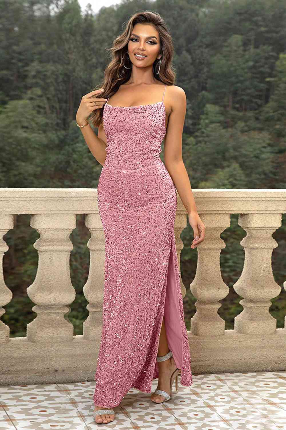 Sequin Backless Split Maxi Gown