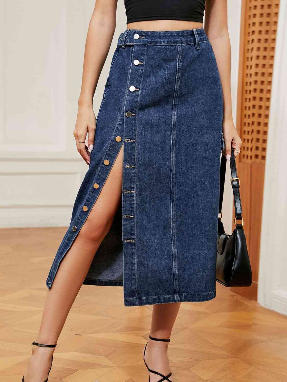 Casual Button Down Denim Midi Skirt