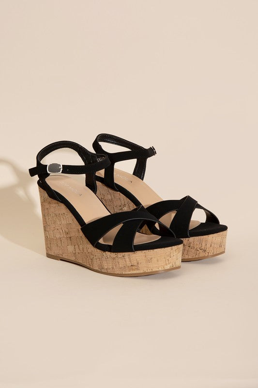 Black Wedge Sandals with Cork Color Heel