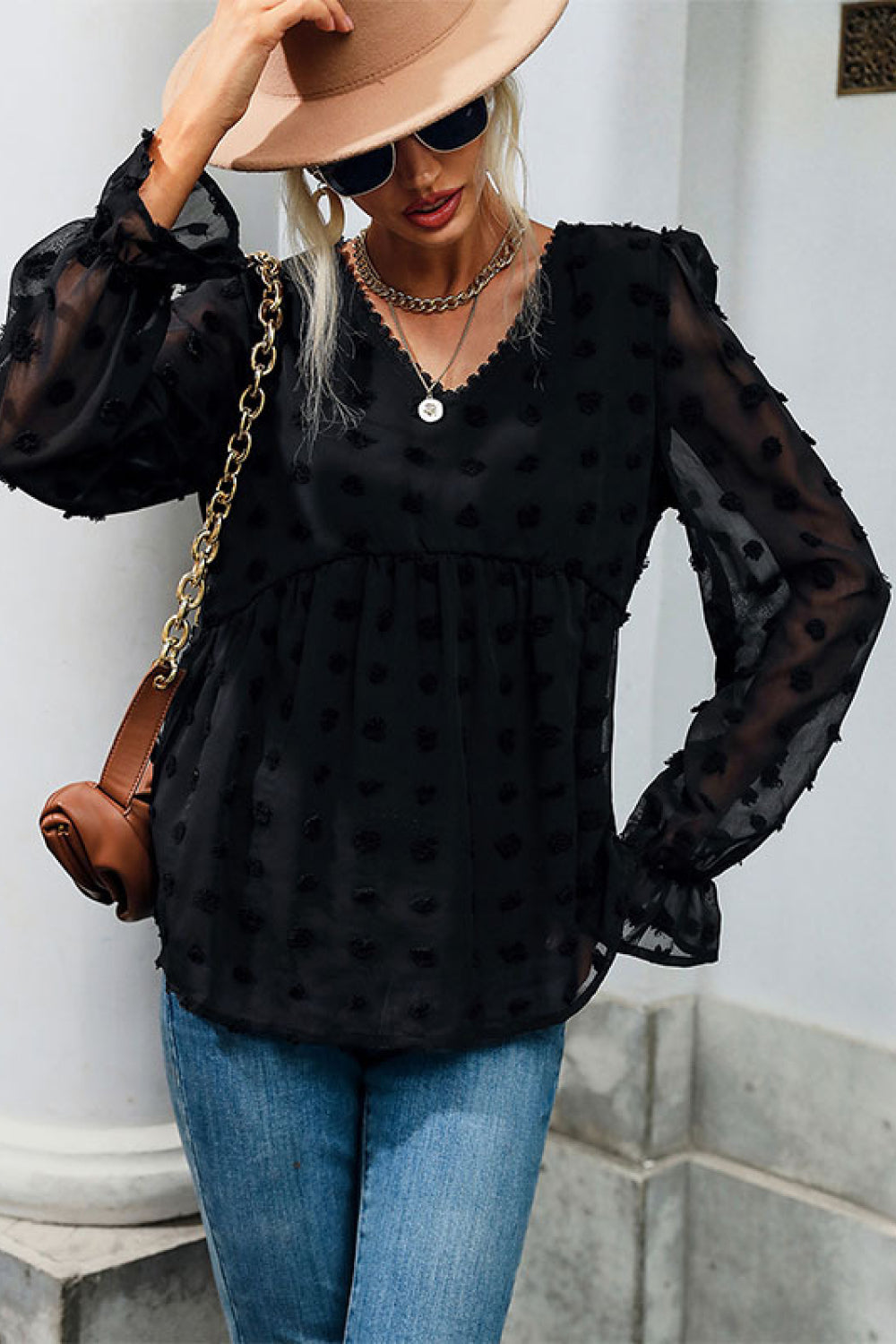 Polka Dot Peplum Black Casual Flounce Sleeve Blouse