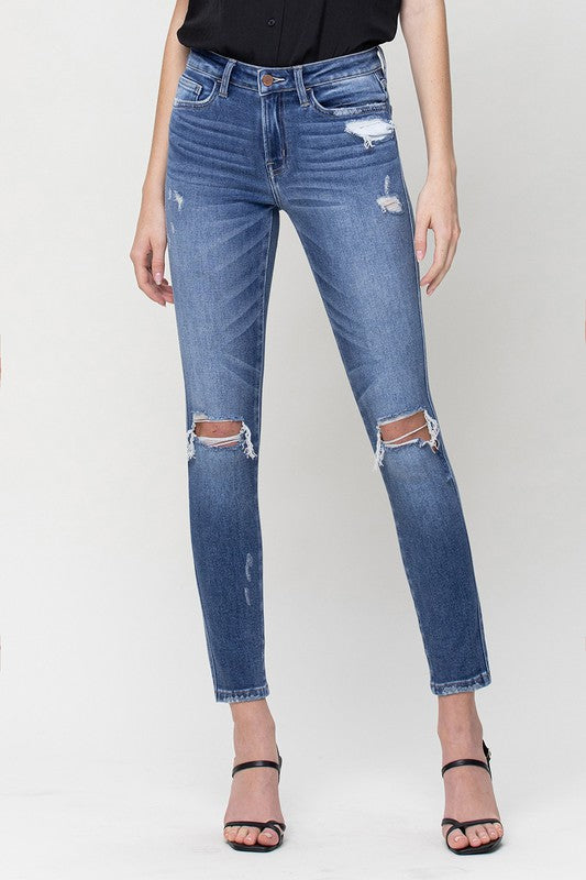 Distressed Dark Denim Mid Rise Skinny Capris