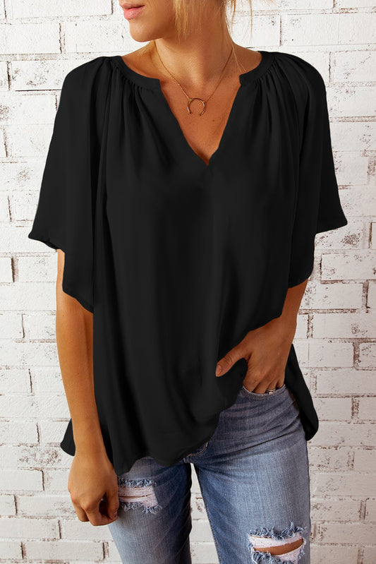 Loose Fit Casual V Neck Flutter Sleeve Top