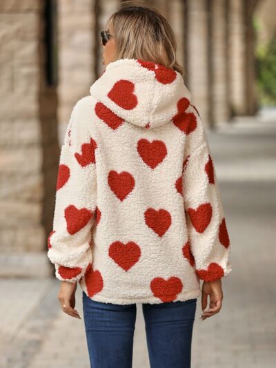 Warm White Fuzzy Heart Print Pocketed Hoodie