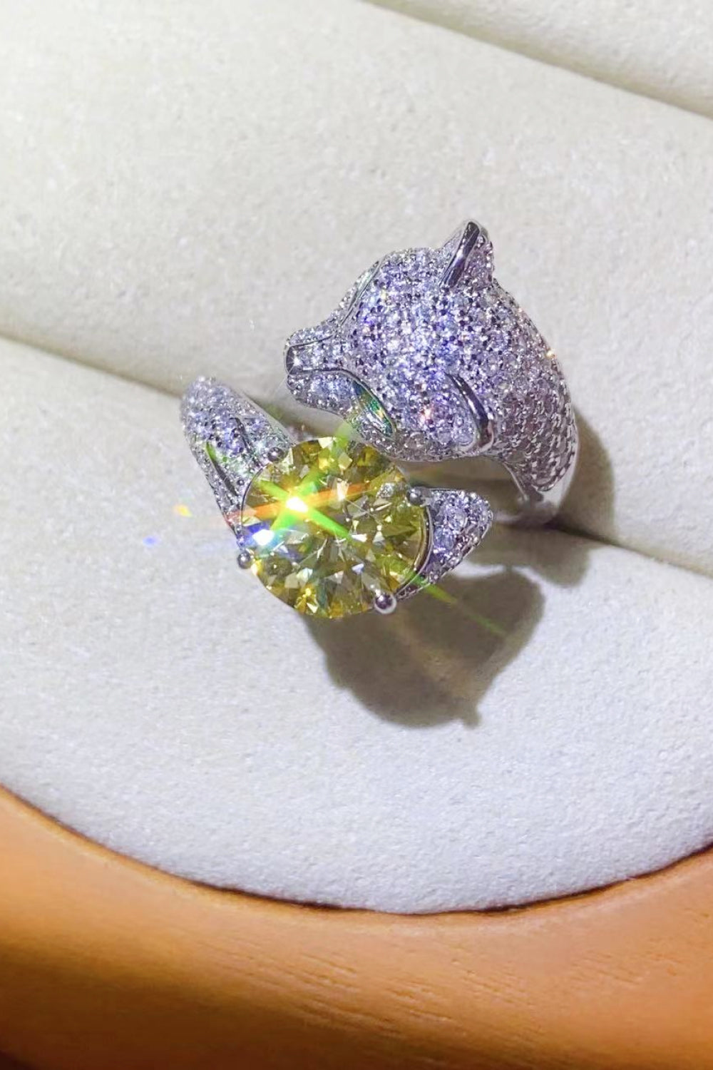 2 Carat Yellow Moissanite Gem  Feline Shaped Ring