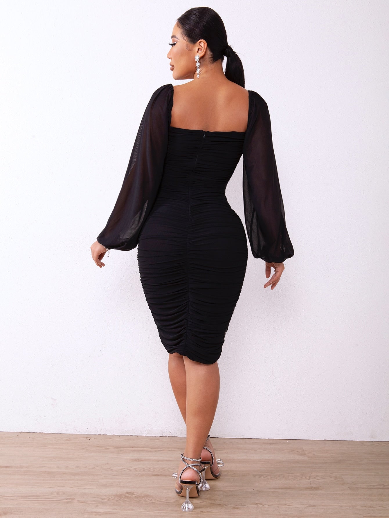 Black Puffy Sheer Sleeve Bodycon Dress